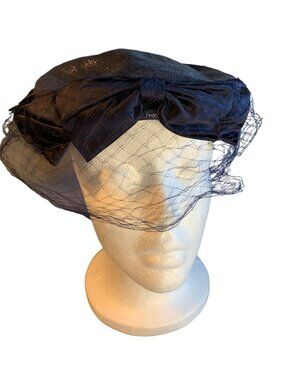 Vintage Phyllis Navy Bow Veil Hat Womens Size 22 Classic 1950s Netting & Shine E